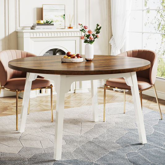 Fnova Rustic Brown and White Round Farmhouse MDF Dining Table, with Powder Coated Finish and Metal 47.25-in L x 29.92-in H