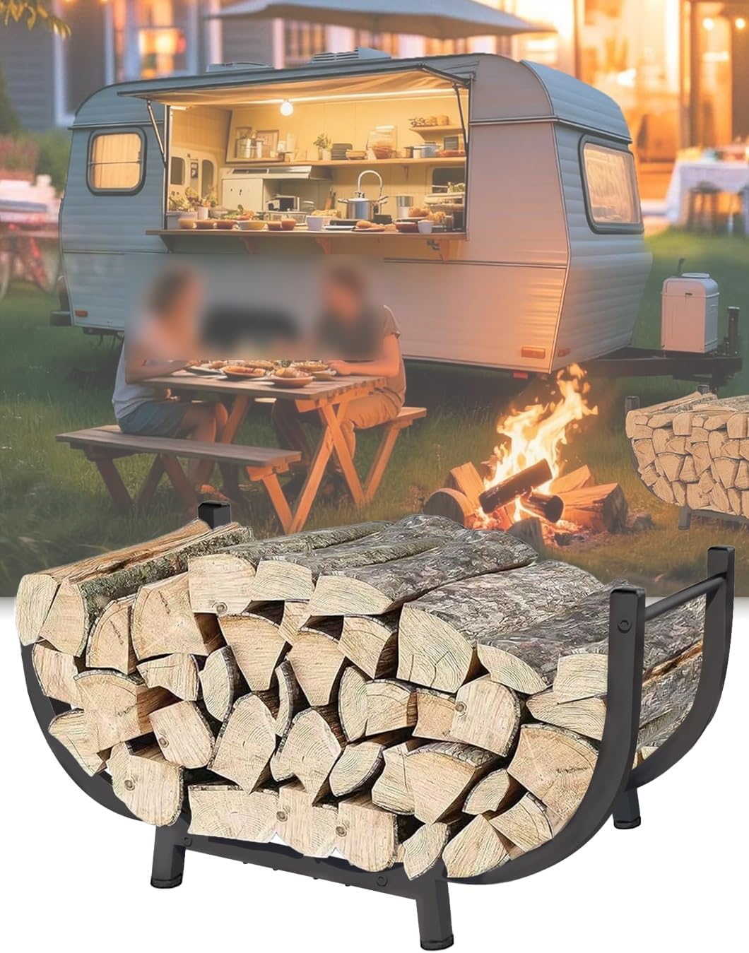 Curved Firewood Rack Outdoor, 24in Reinforced Steel Log Holder Indoor, Stable Firewood Storage ，for Patios & Small Spaces