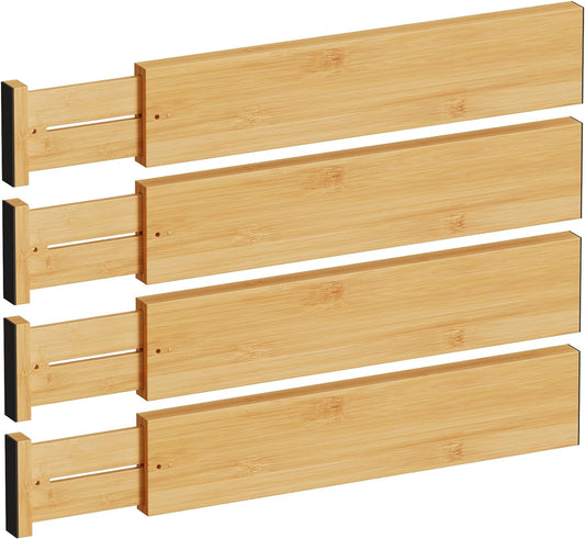 BAMEOS 4" High Drawer Dividers Bamboo Separators Organization Expandable Organizers for Kitchen Bedroom Bathroom Dresser Office 4-pack
