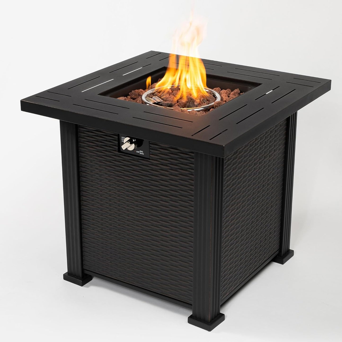 28" Propane Fire Pit Table, 50,000 BTU Square Steel Outdoor Firepit with Lid & Lava Rocks, Modern Fire Pit Table for Patio, Deck, Backyard Garden, No-See-Through Slat Design