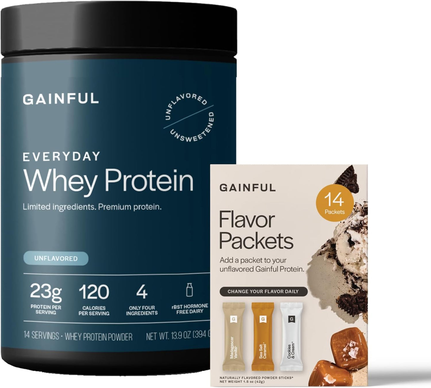 Gainful Everyday Whey Protein Powder & Sweet Treat Flavor Bundle, 23g Protein, Supports Muscle Growth, Recovery, & Daily Nutrition, No Artificial Ingredients, 14 Servings + 14 Flavor Sticks