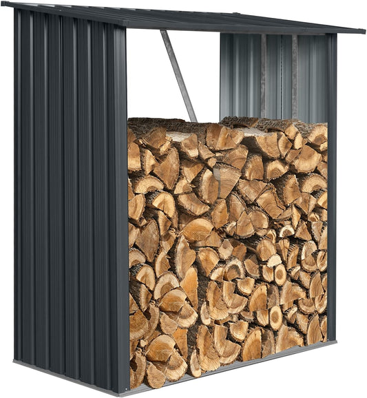3ft x 5ft Outdoor Metal Firewood Rack with Sloped Roof, Open Wood Storage Shed for Firewood, Pellets, and Lumber, Black