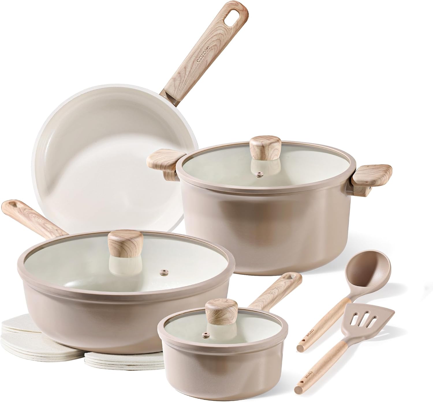 CAROTE 12Pcs Ceramic Pots and Pans Set Non Stick, Healthy Cookware Set, PFAS\/PFOA Free, Kitchen Cooking Set with Frying Pans, Taupe