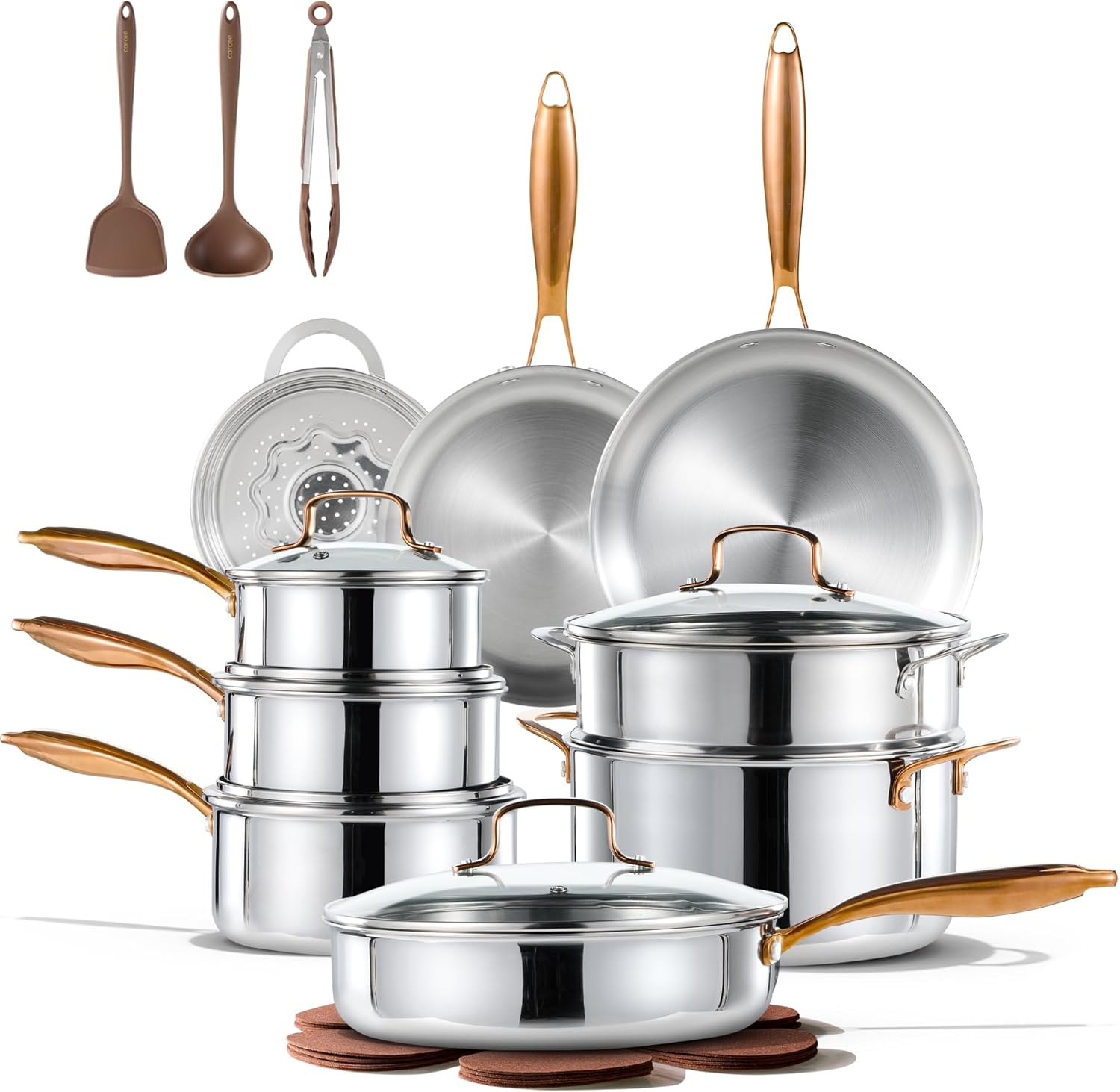 CAROTE 23pcs Tri-Ply Stainless Steel Cookware Set, Pots and Pans Set, Non Toxic Induction Kitchen Cooking Sets, Cookware Collection, Mirror Polish, Silver