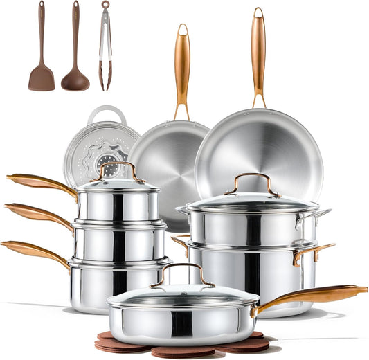 CAROTE 23pcs Tri-Ply Stainless Steel Cookware Set, Pots and Pans Set, Non Toxic Induction Kitchen Cooking Sets, Cookware Collection, Mirror Polish, Silver