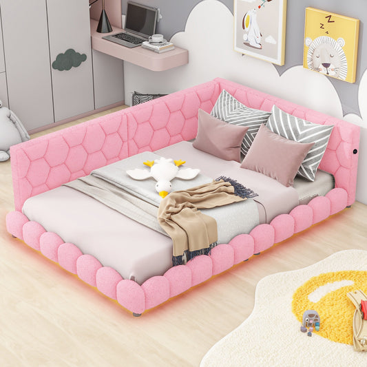 ModernLuxe Upholstered Full Size platform bed with USB Ports and LED belt Pink