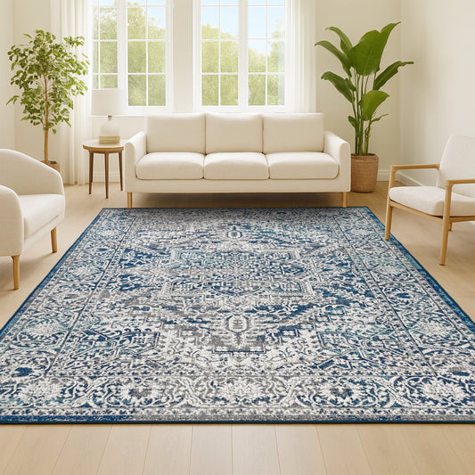 JONATHAN  Y MODERN PERSIAN Vintage 10 x 13 (ft) Loomed Navy/Light Gray Rectangular Indoor Medallion Persian Pet Friendly Area rug