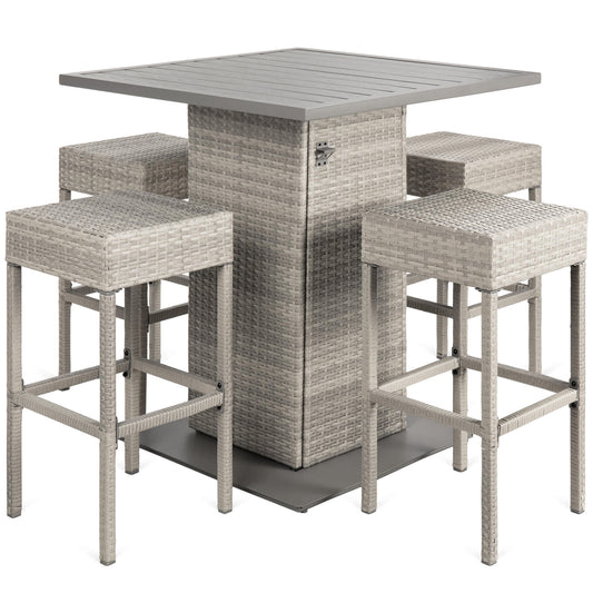 Best Choice Products  5-Piece Patio Wicker Bar Set w/ Built-In Bottle Opener Hidden Storage Shelf 4 Stools - Gray