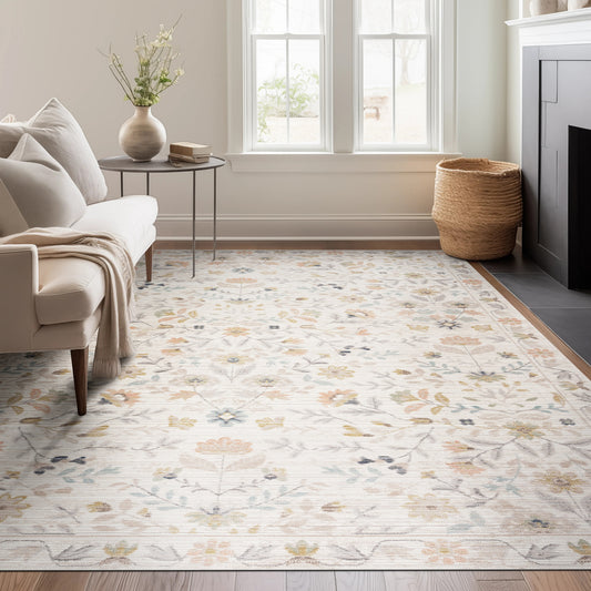 Tayse Crestwood 8 x 10 (ft) Flatweave Cream Rectangular Indoor Floral/Botanical Mid-Century Modern Pet Friendly Area rug