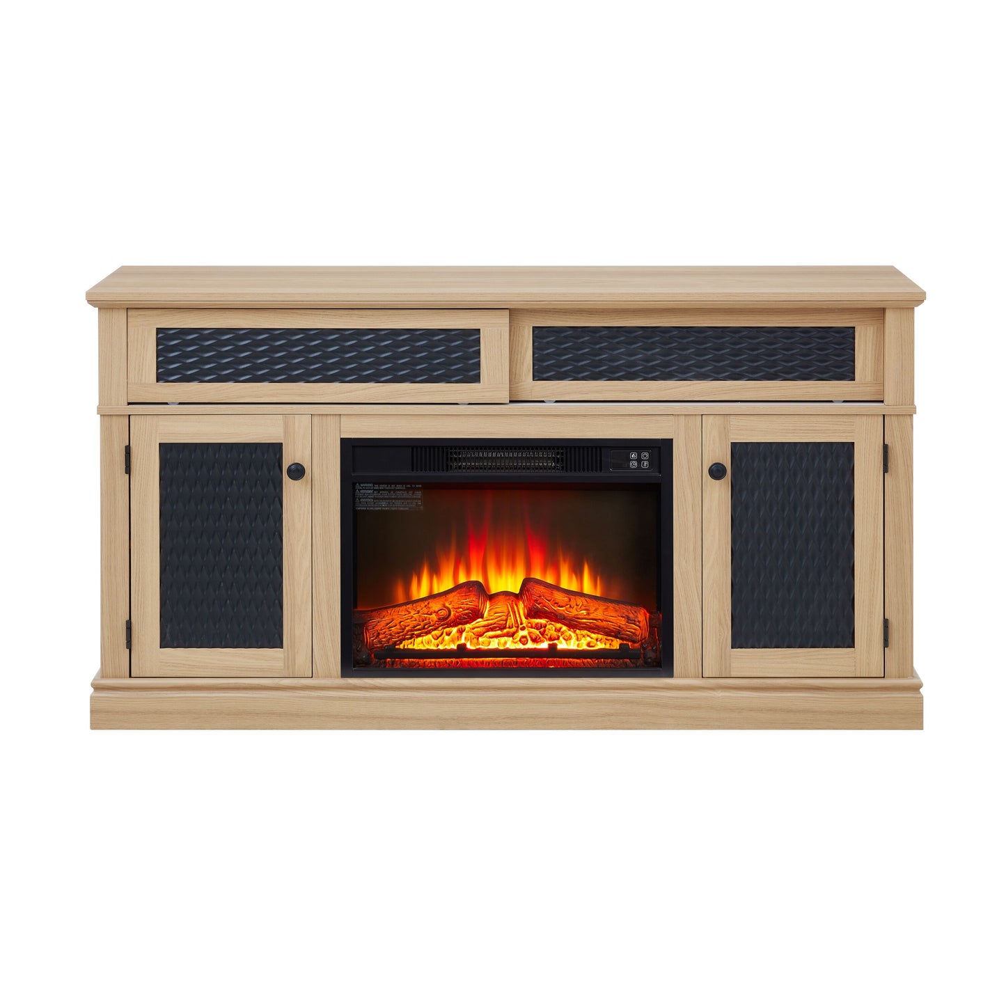 Tatayosi Embossed pattern TV stand with 23 inch fireplace insert TV and media console with open and closed storage space and sliding door for living room bedroom light oak 58.27 inch W by 15.35 inch W by 31.7 inch H