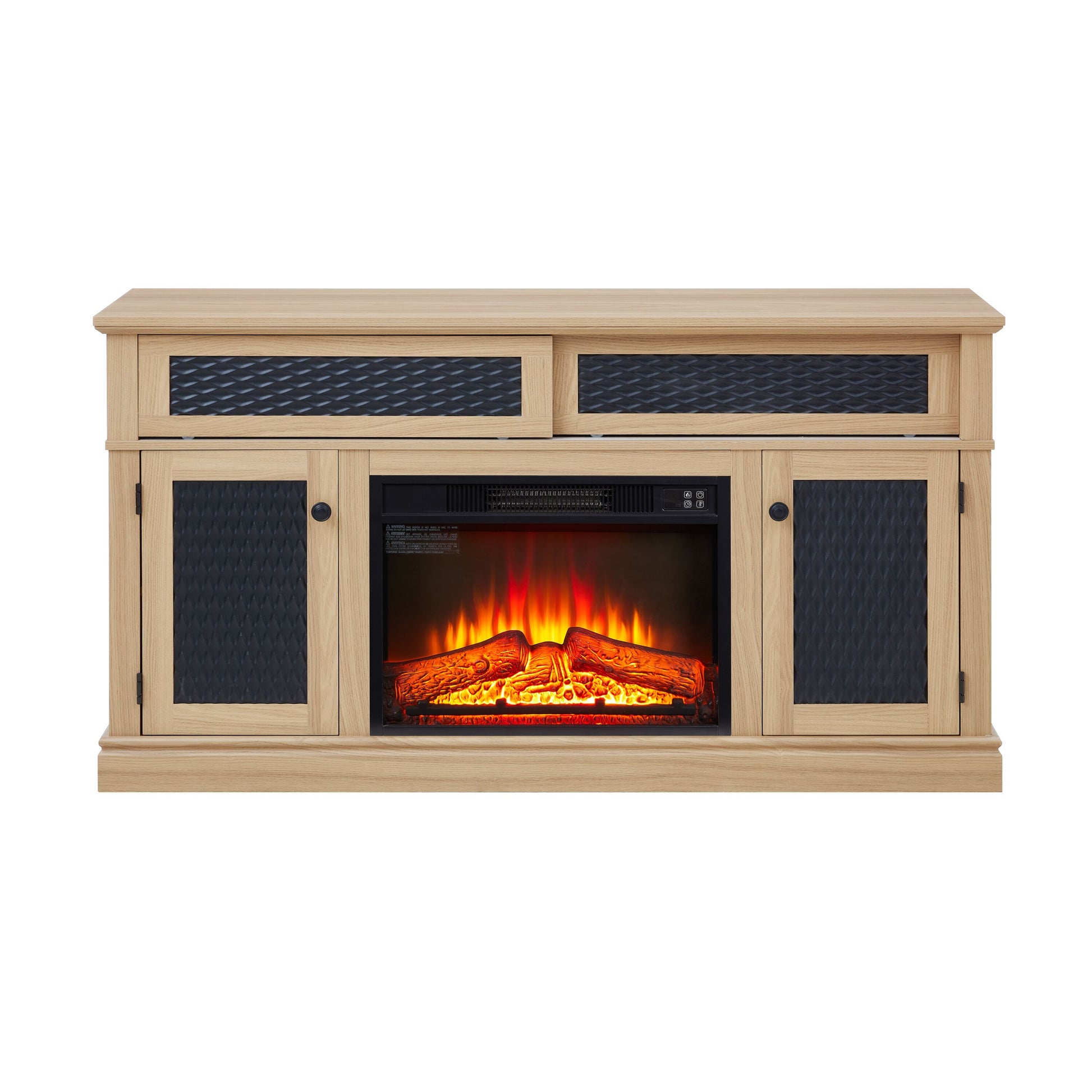 Tatayosi Embossed pattern TV stand with 23 inch fireplace insert TV and media console with open and closed storage space and sliding door for living room bedroom light oak 58.27 inch W by 15.35 inch W by 31.7 inch H