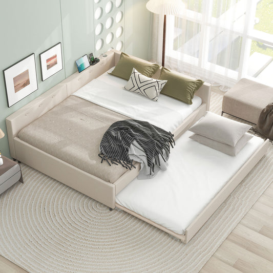 ModernLuxe Queen Size Upholstered Platform Bed with USB and Twin Size Trundle Beige