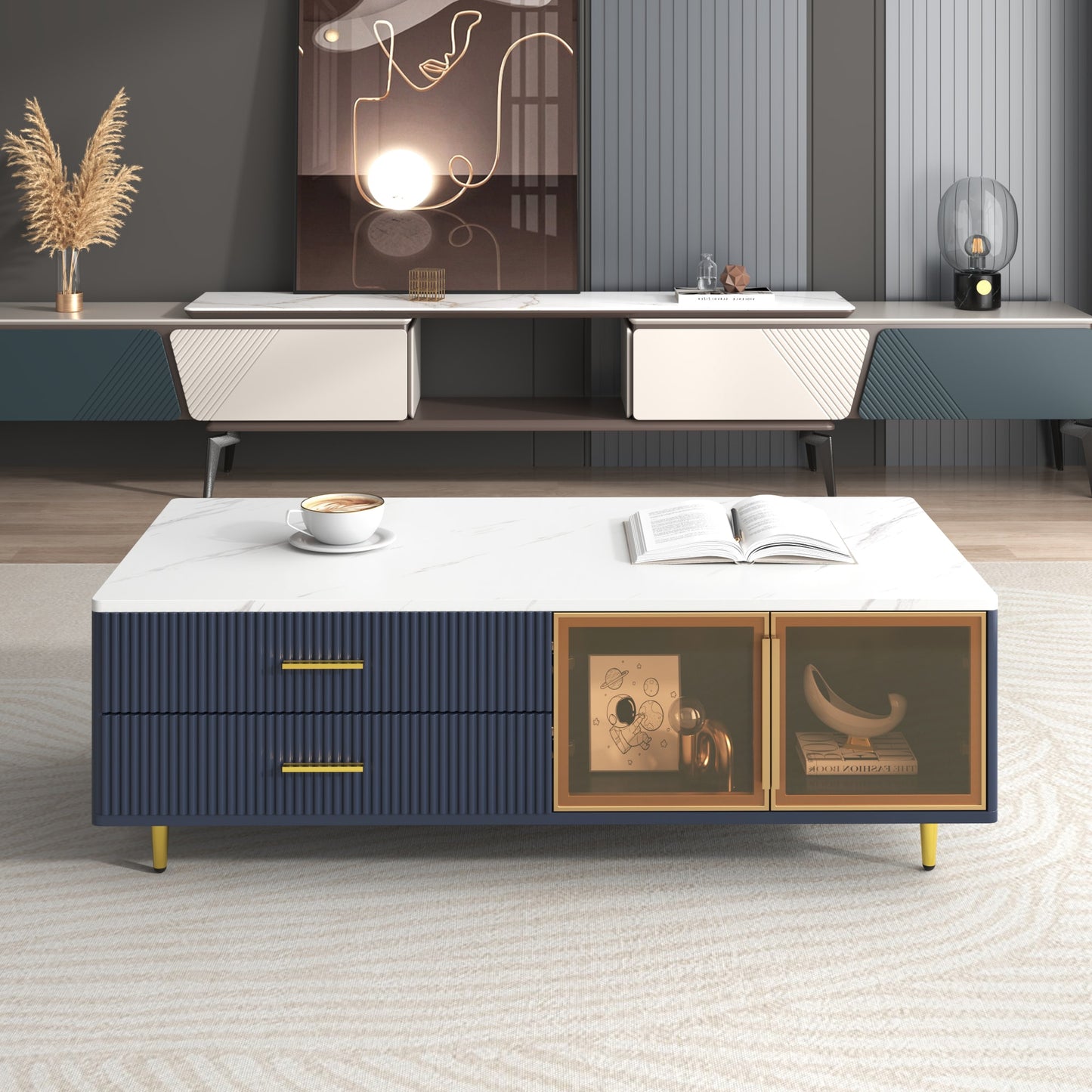 ModernLuxe Modern Navy Blue Coffee Table with 2 Glass Door Storage 4 Drawers Gold Metal Legs and MultiColor Lighting in 47.2inch