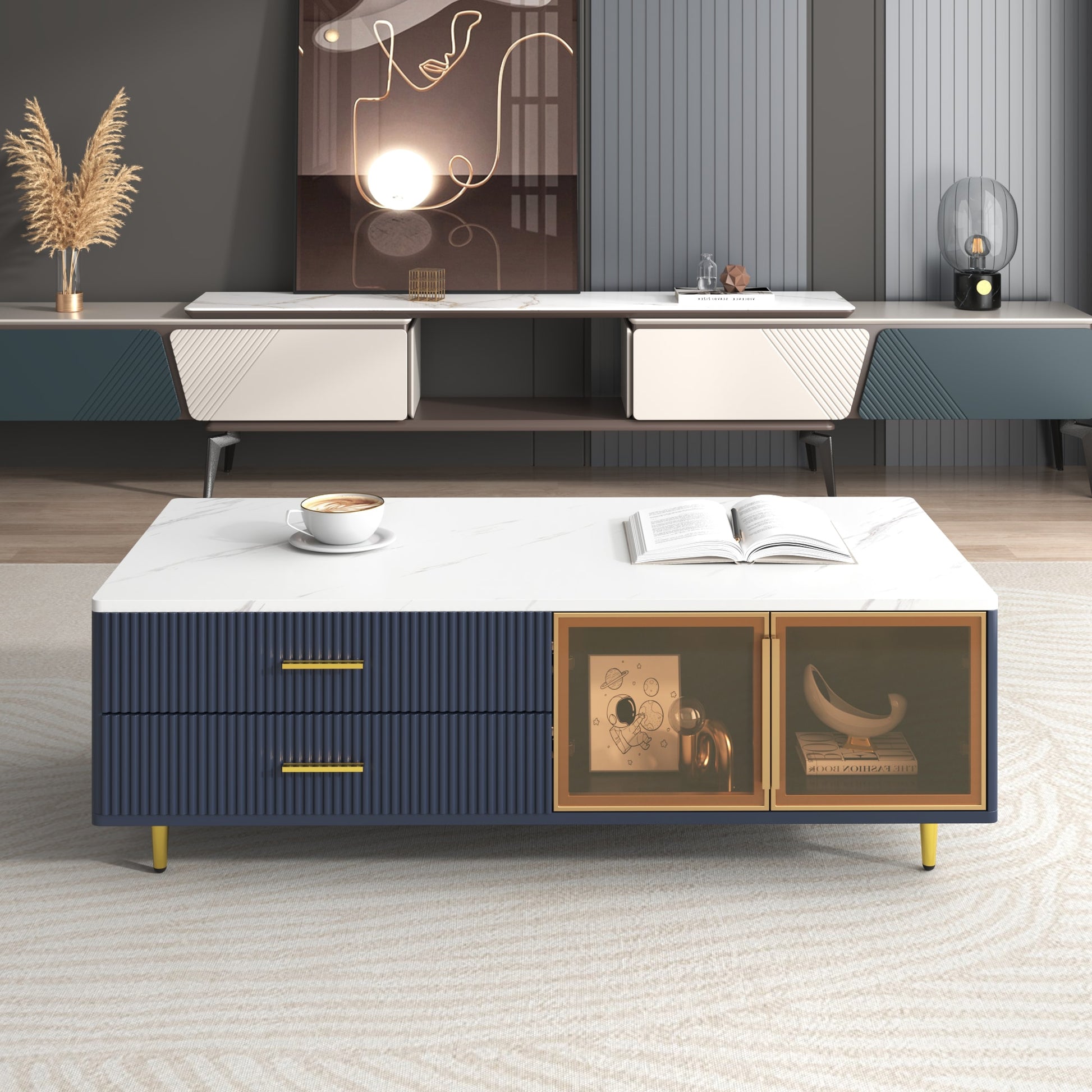 ModernLuxe Modern Navy Blue Coffee Table with 2 Glass Door Storage 4 Drawers Gold Metal Legs and MultiColor Lighting in 47.2inch