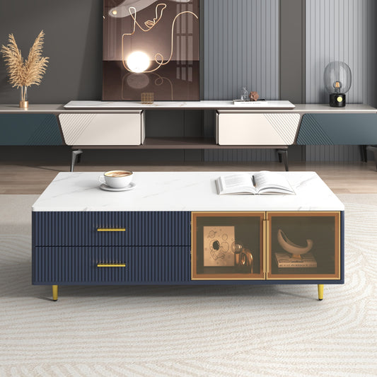 ModernLuxe Modern Navy Blue Coffee Table with 2 Glass Door Storage 4 Drawers Gold Metal Legs and MultiColor Lighting in 47.2inch