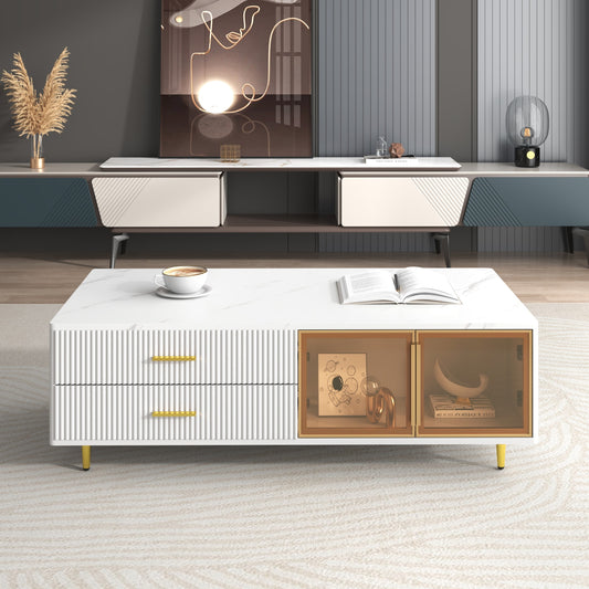 ModernLuxe Modern White Coffee Table with 2 Glass Door Storage 4 Drawers Gold Metal Legs and MultiColor Lighting in 47.2inch