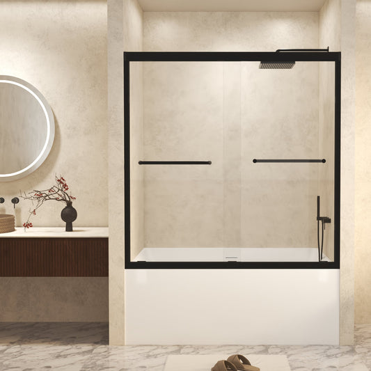 LOVMOR 56-60 inch W Ã— 60 inch H Tempered Glass with Explosion Proof Film Aluminum Frame Double Sliding Shower Door Stainless Steel handle Matte Black