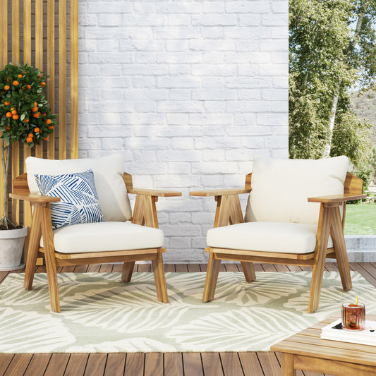 Christopher Knight Home Arcola Outdoor Acacia Wood Club Chairs with Cushions  Set 2-Teak Finish, Beige