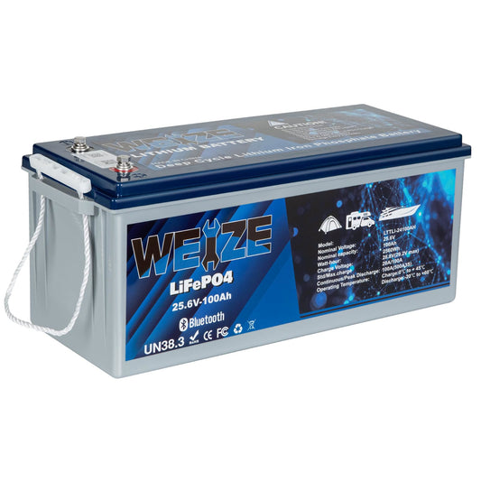 WEIZE 24V 100AH Rechargeable LiFePO4 Lithium Battery Smart 150A BMS Deep Cycle Battery Bluetooth Monitor Low-Temp Protection Use for Trolling Motor RV Camping Solar Power Equipment UPS LFP