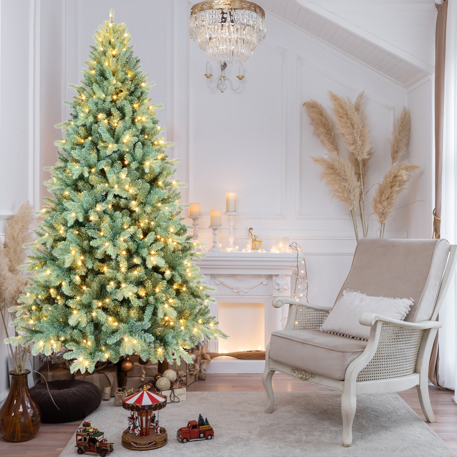 LOVMOR 8FT Blue PE/PVC Christmas Tree with 650 Warm White LED Lights 2458 Tips Hinged Branch Design Full Natural Look Metal Stand Easy Assembly Holiday Decoration