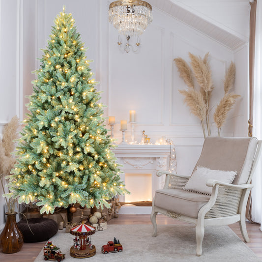 LOVMOR 8FT Blue PE/PVC Christmas Tree with 650 Warm White LED Lights 2458 Tips Hinged Branch Design Full Natural Look Metal Stand Easy Assembly Holiday Decoration