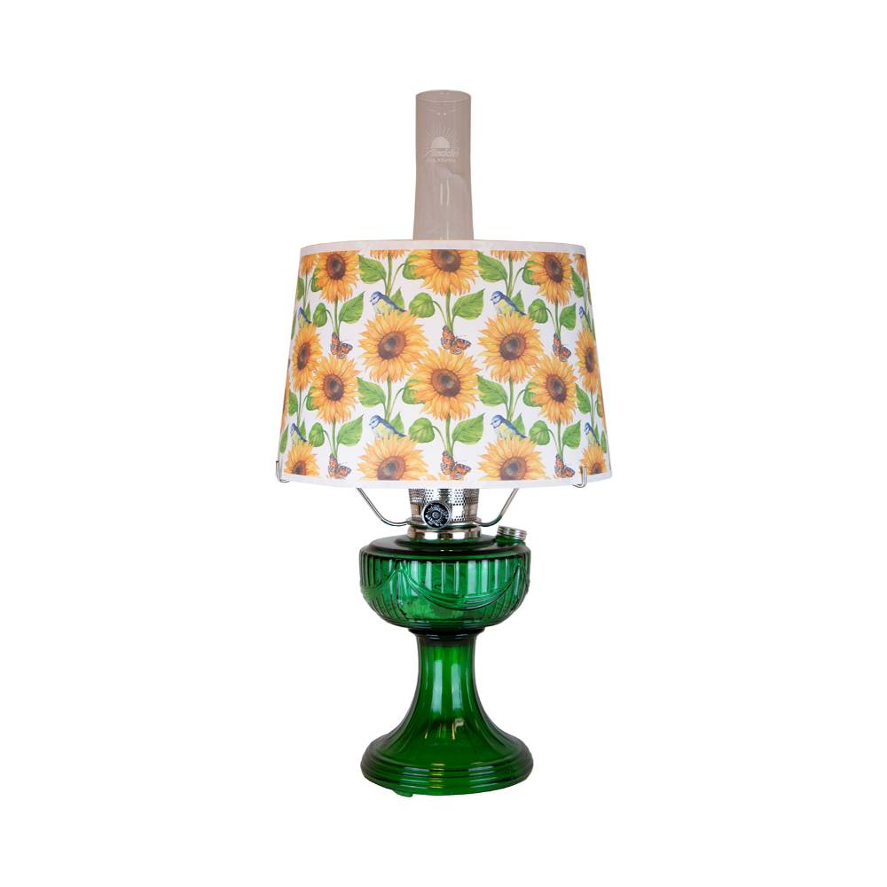 Lehman's Aladdin Emerald Lincoln Drape Table Oil Lamp with Summer Sunflower Shade - Brass