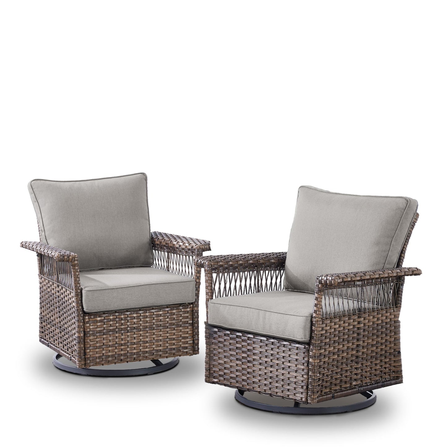 Rilyson Set of 2 Wicker Brown Stainless steel Frame Swivel glider Conversation Chair with Gray Cushioned Seat