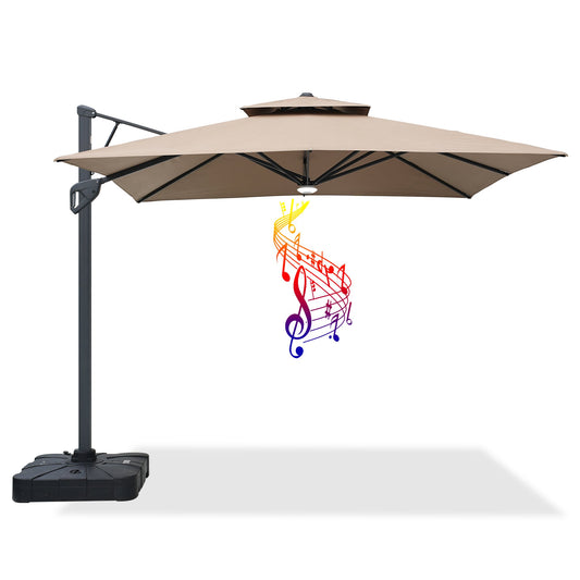 Mondawe 10-ft Aluminum Tan No-tilt Cantilever Patio Umbrella with Lights with Base