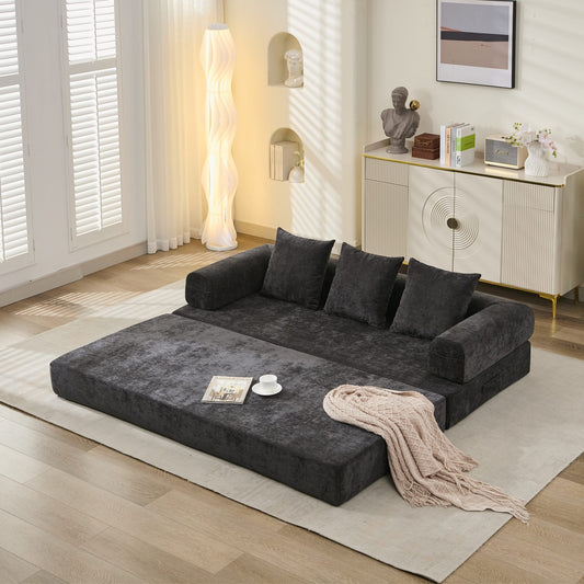 LOVMOR Comfy Convertible Folding Mattress Couch Floor Sofa Bed Chenille Floor Sofa with Armrest Floor Sofa Lounge Couch for Living Room Bedroom Lounge Studio-Black