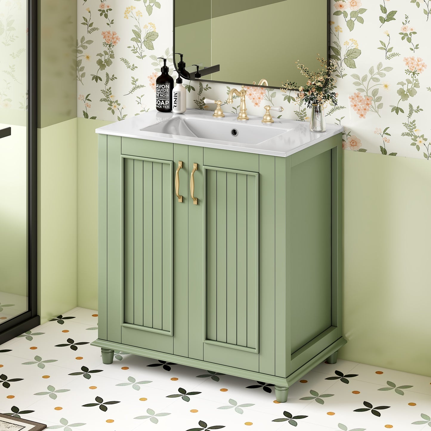 Tatayosi 30inch Freestanding Bathroom Vanity with Ceramic Sink Hidden Drawer Storage Cabinet Solid Wood Frame Bathroom Cabinet