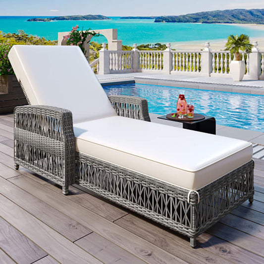GZMR Outdoor Long Reclining Chaise Patio Adjustable Beige Recliner with Soft Removable Cushions