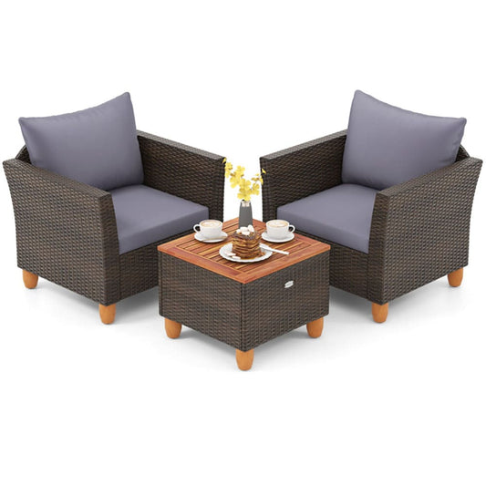 GZMR 3 Pieces Patio PE Wicker Furniture Set 3 -Piece Patio Conversation Set with Gray Cushions