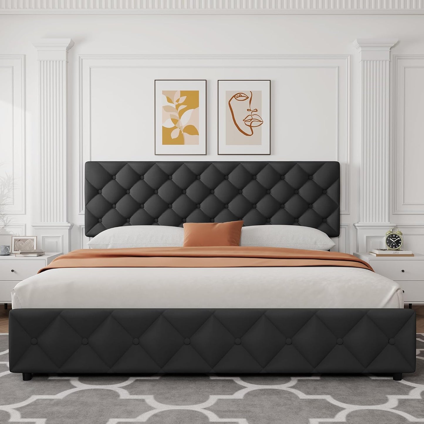 Qeetex King Size Platform Bed Frame with Adjustable Headboard and 4 Drawers Modern Grey Upholstered Bed Frame with Footboard Wooden Slats Support No Box Spring Needed Spacious Storage and Durable Design