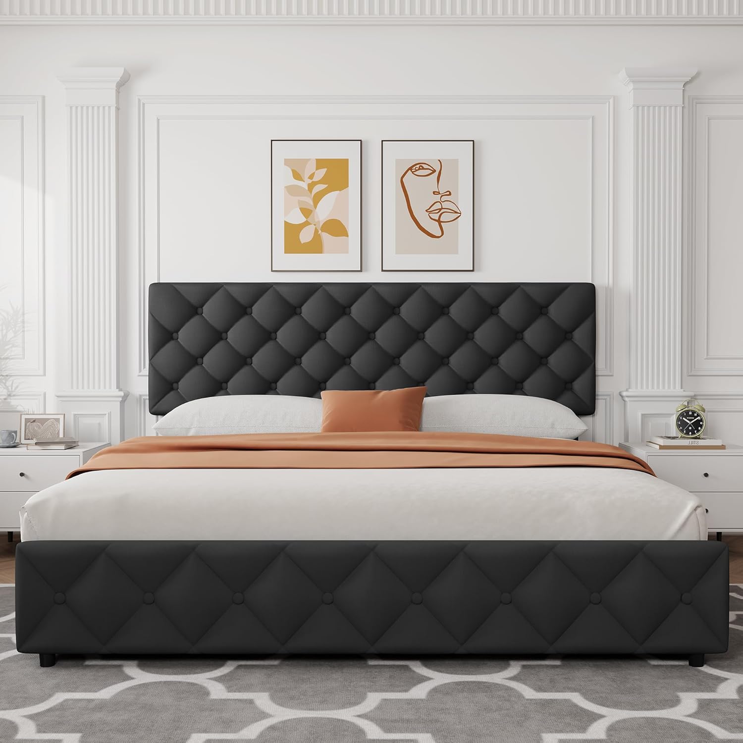 Qeetex King Size Platform Bed Frame with Adjustable Headboard and 4 Drawers Modern Grey Upholstered Bed Frame with Footboard Wooden Slats Support No Box Spring Needed Spacious Storage and Durable Design