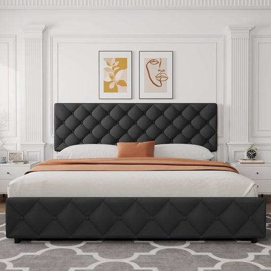 Qeetex King Size Platform Bed Frame with Adjustable Headboard and 4 Drawers Modern Grey Upholstered Bed Frame with Footboard Wooden Slats Support No Box Spring Needed Spacious Storage and Durable Design