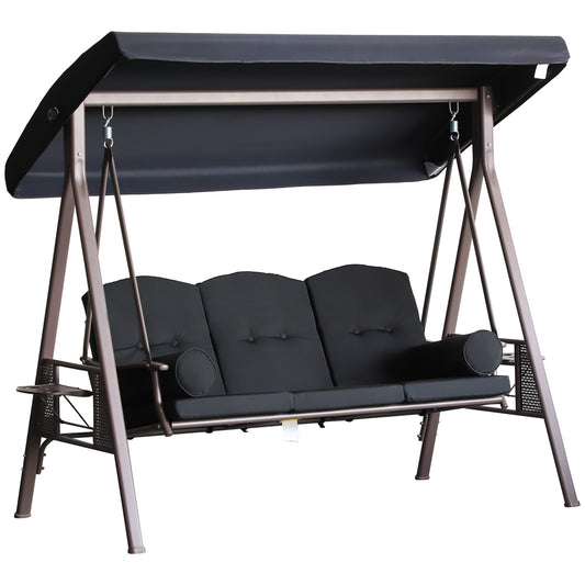 Outsunny  3-Seat Outdoor Patio Swing with Adjustable Tilt Canopy Cushions Pillow Steel Frame Side Tray Cup Holder Black