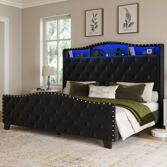 Belffin  Upholstered Bed Frame Queen - Tufted Headboard with LED Lighting and Outlet (Black)