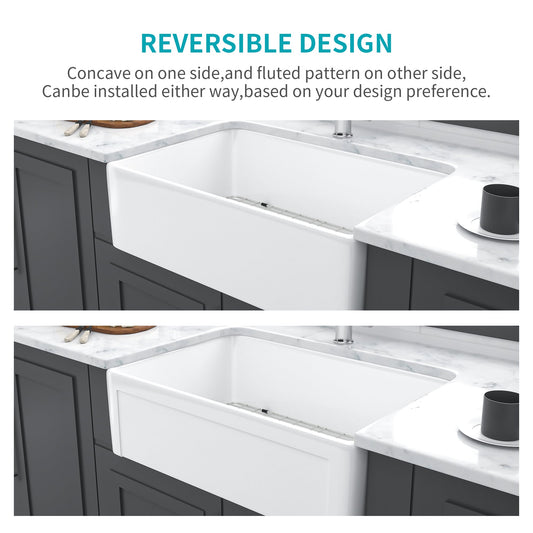 Tatayosi White Farmhouse Sink 30 inch Kitchen Sink Apron front White Ceramic Reversible Single Bowl Kitchen Farm Sinks