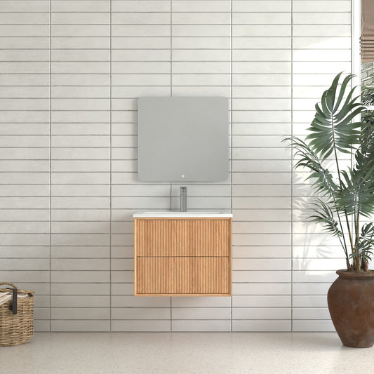 LOVMOR 24 inch Floating Bathroom Vanity Set Wall Mounted Solid Wood Bathroom Cabinet with 2 Storage Drawers White Resin Integrated Basin