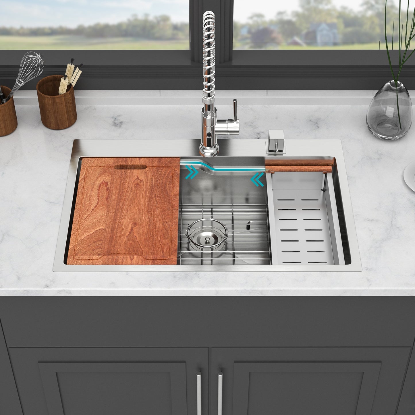 Tatayosi 33 inch Drop in Kitchen Sink 33x22 inch Kitchen Sink Drop in Topmount Single Bowl 16 Gauge Stainless Steel Ledge Workstation Kitchen Sinks