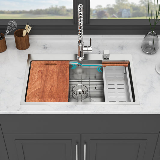 Tatayosi 33 inch Drop in Kitchen Sink 33x22 inch Kitchen Sink Drop in Topmount Single Bowl 16 Gauge Stainless Steel Ledge Workstation Kitchen Sinks