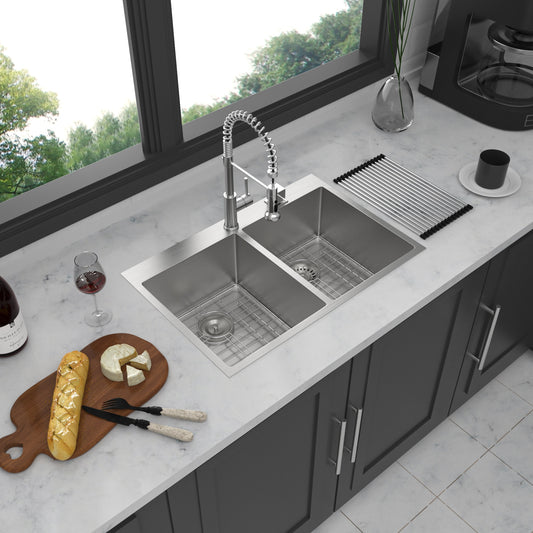 Tatayosi Double Bowl 50/50 Drop in Sink 33x22x10 inch Stainless Steel Kitchen Sink 16 Gauge with Two 10 inch Deep Basin
