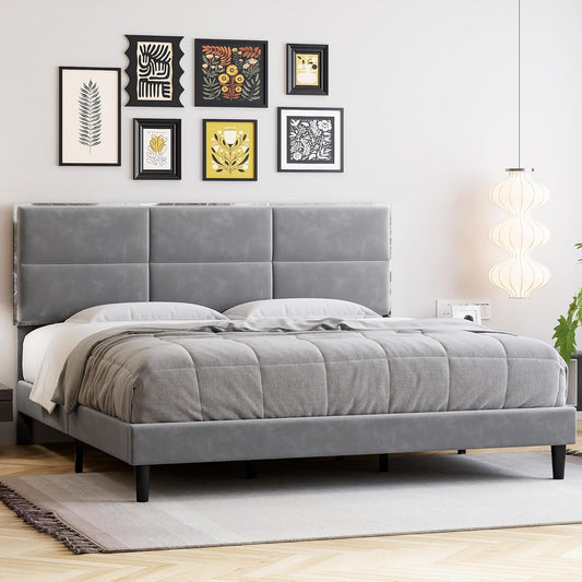 Qeetex GAOMON Full Size Platform Bed Frame with Fabric Upholstered Headboard and Wooden Slats Support  Fully Upholstered Mattress Foundation/No Box Spring Needed/Easy Assembly  Light Grey