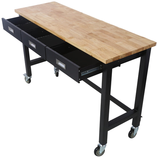 Tatayosi 60in Work Bench Workbench with Drawer Storage Heavy Duty Bamboo Wood Work Table with Wheels for Garage Home Office