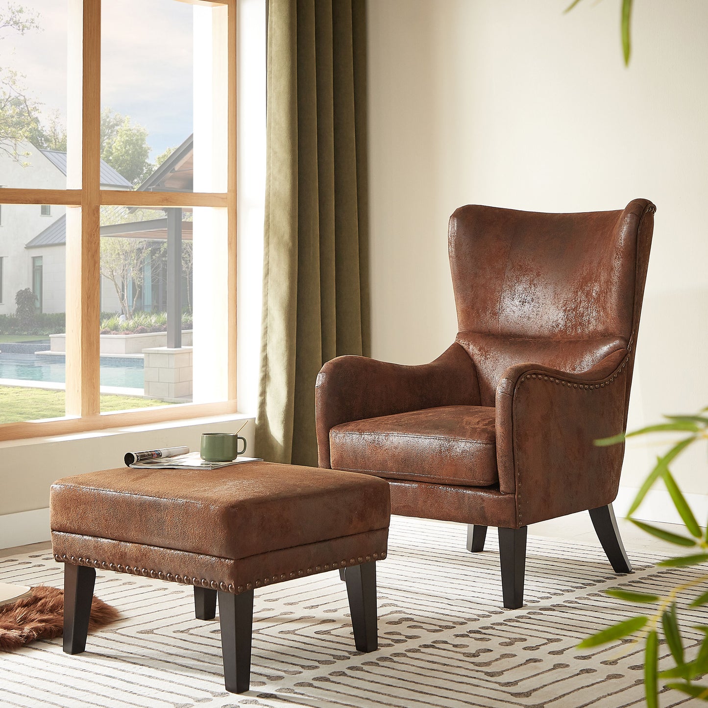 ModernLuxe Hiback Vintage Distressed Lounge Chair with OttomanClassic Tufted Design  Nailhead Trim for Living Room Study Bedroom