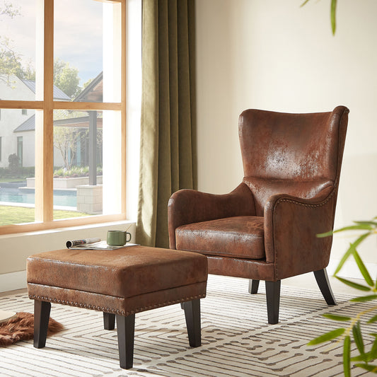 ModernLuxe Hiback Vintage Distressed Lounge Chair with OttomanClassic Tufted Design  Nailhead Trim for Living Room Study Bedroom