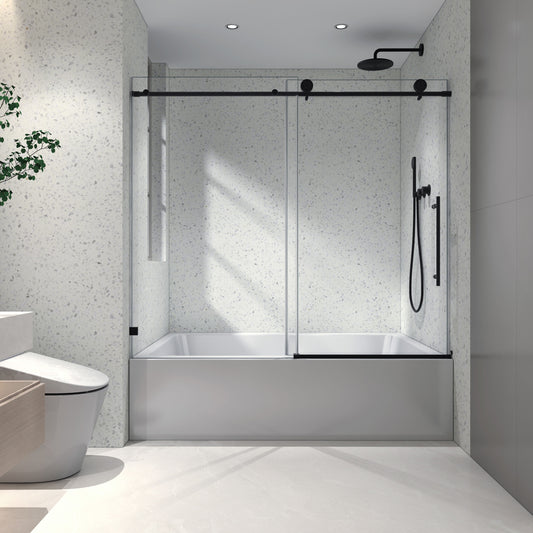 LOVMOR Matte Black Frameless One Fixed and One Shifted Shower Door 70MM 304 Stainless Steel Large Pulleys with Adjustable Soft Closing Function