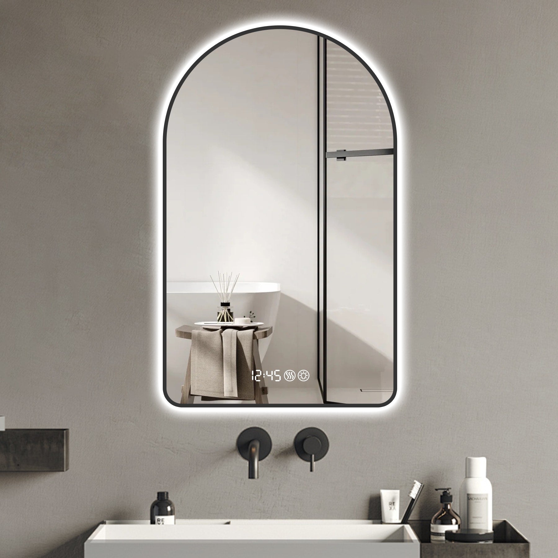 LOVMOR 32x60 Arched LED Bathroom Mirror Anti-Fog 3 Color Temp Black Frame