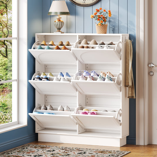Tatayosi Modern Elegant Narrow Tipping Bucket Shoe Cabinet with 6 Flip Drawers; Space Saving Design; Cream Style Entryway Organizer with Adjustable Shelf; Free-Standing Shoe Rack with 3 Silvery Hooks; White