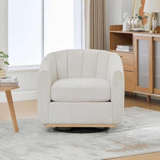 Vynxaria  Series Ivory Chenille Swivel Barrel Chair Set of 1 with 360 Degree Rotation Tufted Pumpkin Shape Metal Base 350LB Capacity